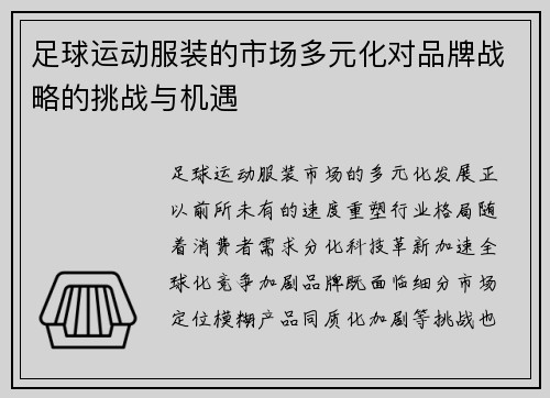 足球运动服装的市场多元化对品牌战略的挑战与机遇