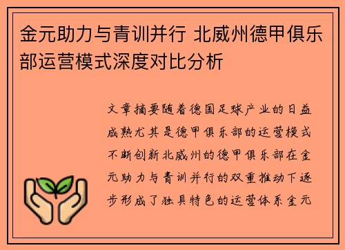 金元助力与青训并行 北威州德甲俱乐部运营模式深度对比分析